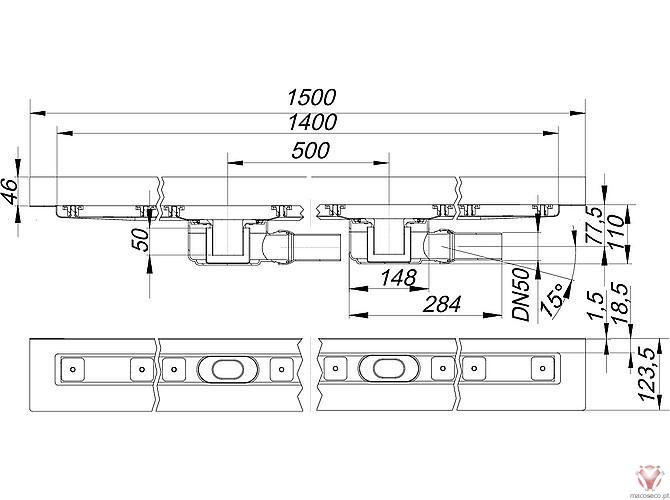 Floor Channel Ceraline 2 W 1400 - 524096, 524102, 524119, 524126, 524133, 524140, 524157, 524164 - Dallmer - Imagem técnica