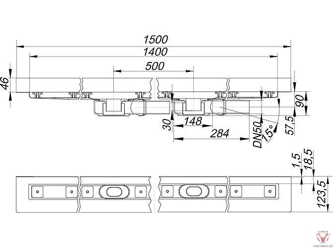 Floor Channel Ceraline Plan 2 W 1400 - 524584, 524591, 524607, 524614, 524621, 524638, 524645, 524652 - Dallmer - Imagem técnica