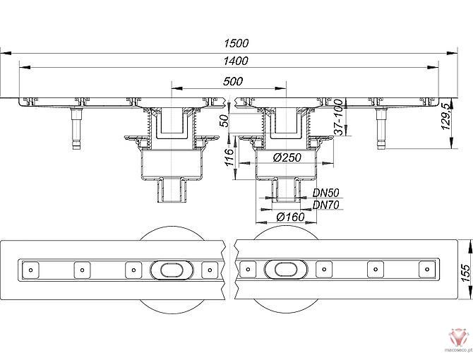 Floor Channel Ceraline Vertical 2 F 1400 -521682, 521699, 521705, 521712, 521729, 521736, 521743, 521750 - Dallmer - Imagem técnica