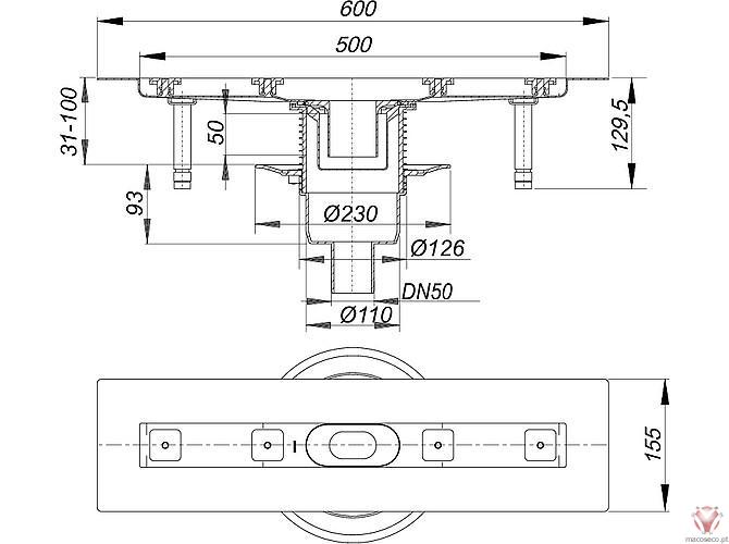 Floor Channel Ceraline Vertical F 500 - 521606, 521613, 521620, 521637, 521644, 521651, 521668, 521675 - Dallmer - Imagem técnica