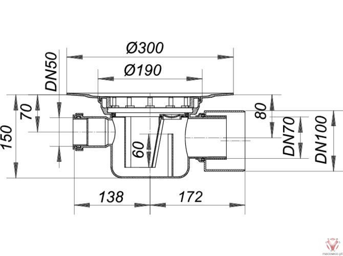 Floor Drain Body Type 58, DN 50 / DN 100 - Dallmer - Imagem técnica