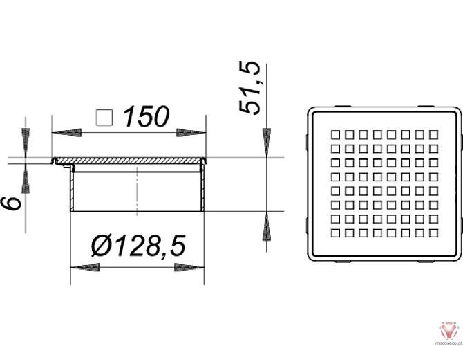 Grating Quadra CD 15, 150 x 150 mm - Dallmer - Imagem técnica